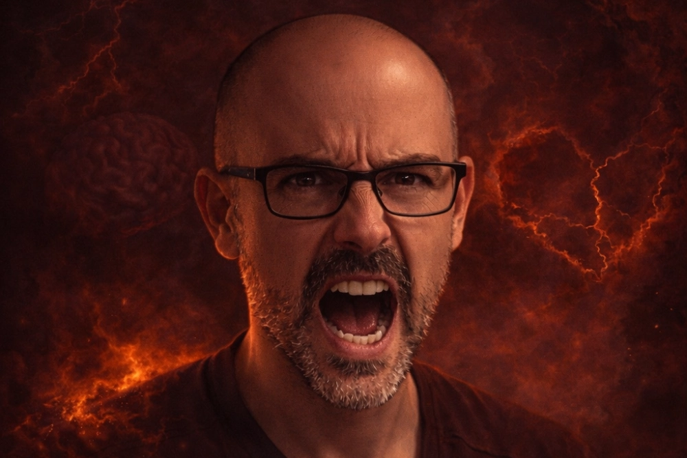 Uri Juliag gritando ante un fondo de fuego