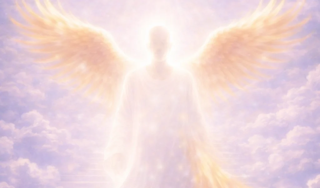 Figura luminosa con alas entre las nubes